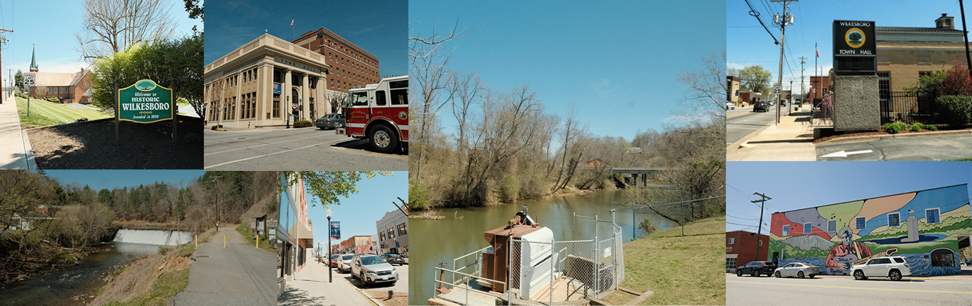 North Wilkesboro Raw Water Intake Collaborative Project - Showing images of N. Wilkesboro and Wilkesboro NC highlights and locations of future raw water intake.