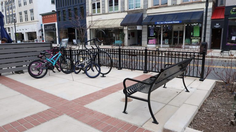 Concord streetscape improvements - bench and bike rack on expanded sidewalk 