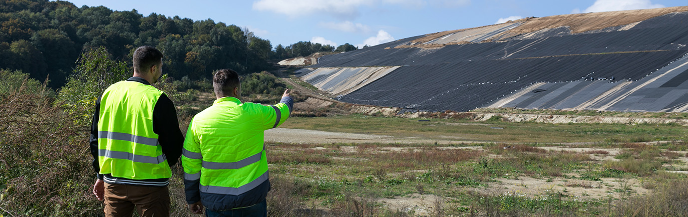 Men pointing at active landfill with covering